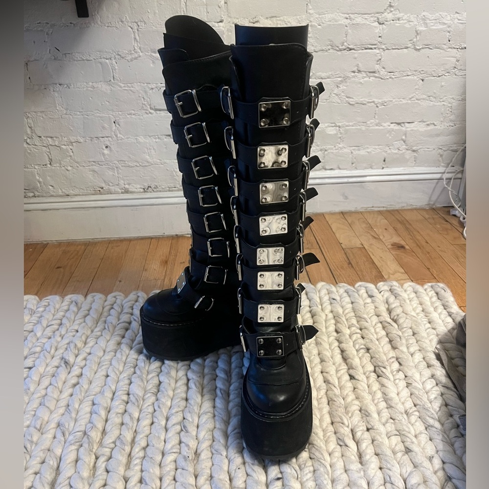 Demonia Trinity Black Platform Boots with Silver Buckles - Picture 4 of 6